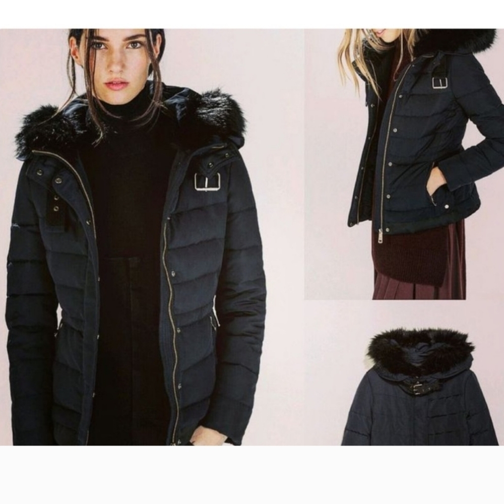 Zara Black Puffer Jacket with Fur Hood